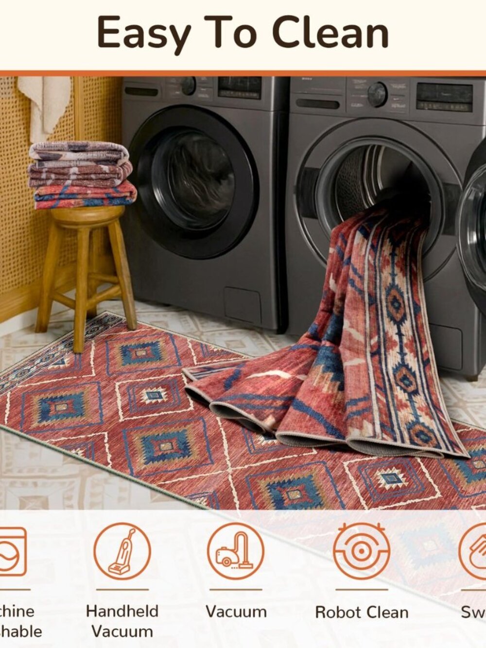 Area Rug 5x7 Rug Machine Washable Non-Slip Low Pile Print Pattern Western Rug - Picture 3 of 8